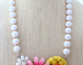 Hot Pink Necklace, Statement Necklace, Collage Necklace, Flower Necklace, Recycled Necklace, Recycled Jewelry, Upcycled Jewelry