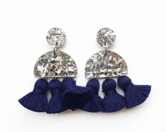 3 TASSEL earrings. Silver glitter acrylic, navy tassels.