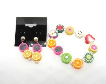 Children's Handmade Polymer Clay Fruit Slice Stretch Bracelet/ Pierced Earring Set (J1d4)