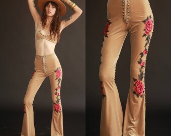 DESERT ROSE Embroidered n Studded Velvet Bell Bottoms Made to Order XS/S/M/L