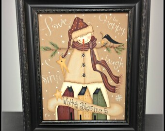 Primitive Winter Snowman 8 x 10 Framed Wall Art