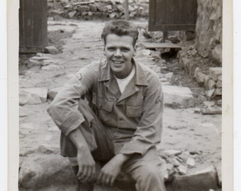 Snapshot Of An Army Soldier Mid Century Modern Military Memorabilia Black And White Photo Antique Photograph