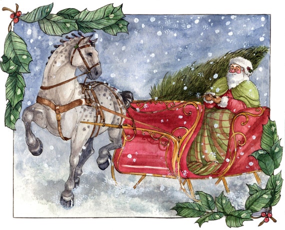 Santa Claus Riding On A Horse Sleigh Stock Vector 