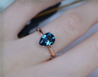 14K Rose Gold Pear London Blue Topaz Ring Natural Topaz Engagement Ring Wedding Ring Promise Ring Anniversary Ring