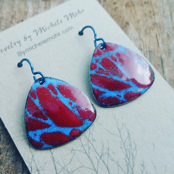 Red and Blue Enamel Copper Earrings