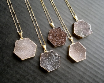 Druzy Necklace Druzy Hexagon Necklace Gold Edged Hexagon Jewelry Natural Color Stone Necklace Gold Edged Layering Druzy Necklace Geometric