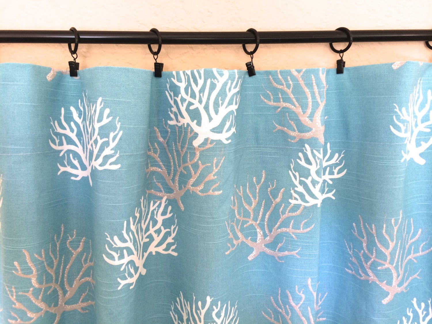 Coastal Blue Curtain Panels. Isadella Coral Pattern. Beach