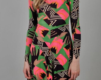 Vintage 1970's Betsey Johnson for Alley Cat Pink and Green Mini Dress S8