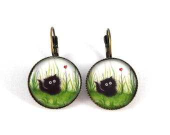 Black Cat earrings and retro stud earring heart