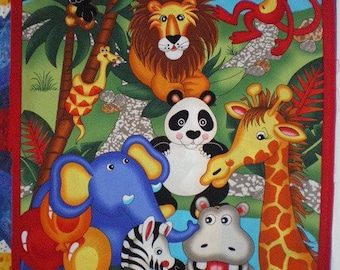 Panel of multicoloured, 100% cotton jungle animal child quilting