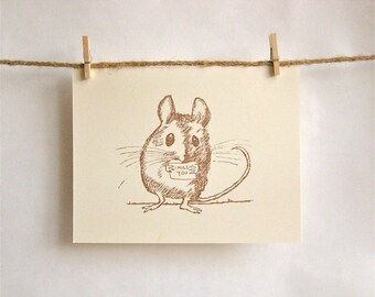 Tiny Field Mouse Sends His Love -- Sepia Brown on Cream Card -- I Miss You Card