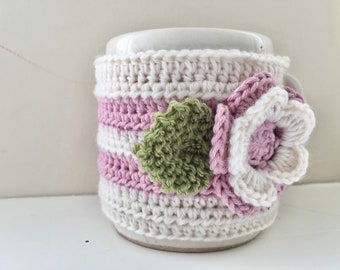 Floral Cup Cosy, Cup Sleeve, Mug Cosy, Cup Cozy, Mug Sleeve, Mug Warmer - in Pure Wool & Pure Cotton