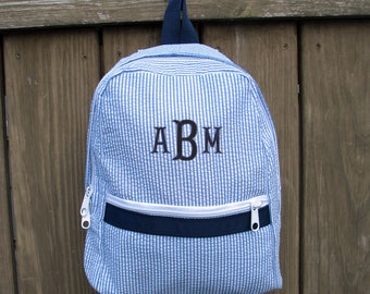 Small Seersucker Backpack, Seersucker Backpacks, child toddler backpack, monogram backpack, monogrammed backpacks, pink or navy blue