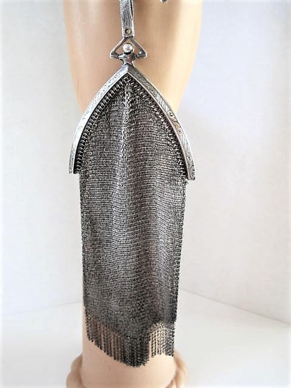 Whiting Davis Evening Bag, Art Deco Silverplate, Chain Maille, Fringed Flapper Purse, Wrist Purse, Weddin