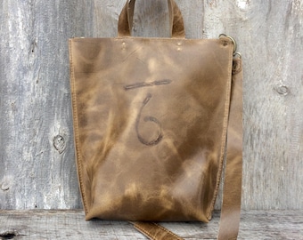 Leather Tote Bag with Shoulder Strap in Distressed Light Brown Cowhide Leather w/ Brand, Handmade, Hand Stitched, Rustic Bag by Stacy Leigh
