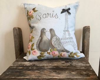 Baby Blue Hand-painted Paris Pillow, Painted Pillow case, Baby Blue Pillow, Classic French Decor, Parisian Pillow, Nursery Pillow, 17x19