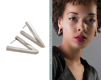 VICTORY Sterling Silver Contemporary Earrings | Silver Drop Earrings | Statement Earrings | Minimalist Silver Earrings | Geometric Earrings