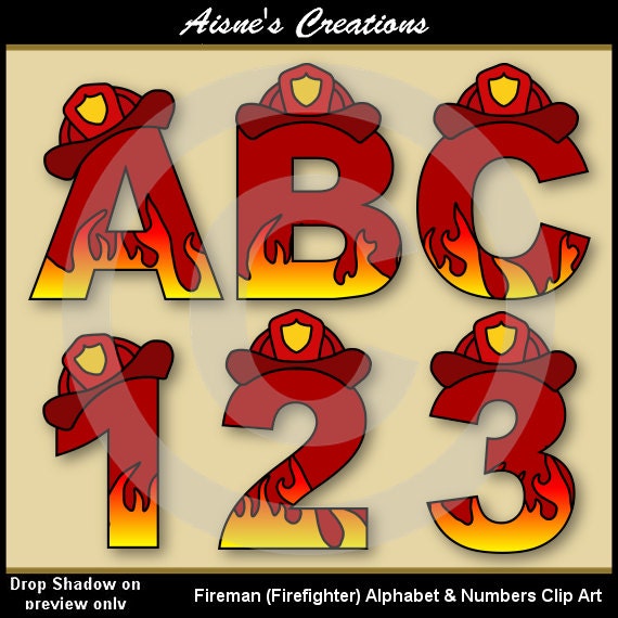Fireman Fire Fighter Alphabet Letters & Numbers Clip Art