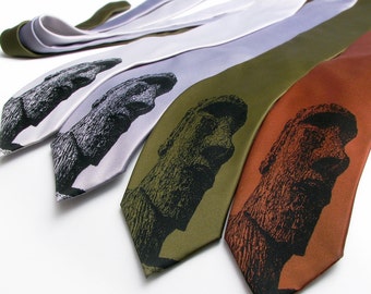 Moai Easter Island Tie Hawaiian Tiki Luau Men's Necktie Island Wedding Screen Printed Microfiber Necktie