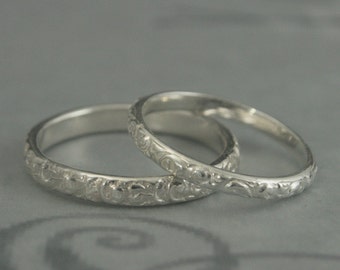 Rococo Sterling Silver Wedding Band Set--His and Hers Wedding Ring Set--Embossed Swirl Pattern Bands in Sterling Silver--Hand Made to Size
