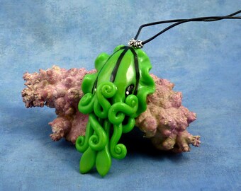 Green Cuttlefish Necklace, Handmade Polymer Clay Jewelry