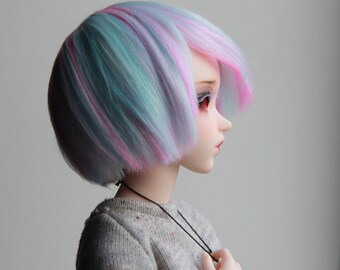Minifee fairyland mnf wig mix white blue pastel pink cotton candy bob handmade hand dyed bamboo fiber bjd doll