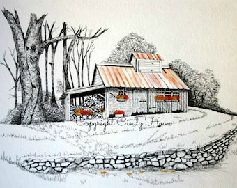 Greeting card, blank inside, barn, cabin, rustic shed, cards, greeting cards, Blue Ridge Mountains, mountain cabin, stone wall, wood shed