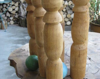 6 Beautiful vintage large French wooden bowling pins, wooden skittles and 2 balls..