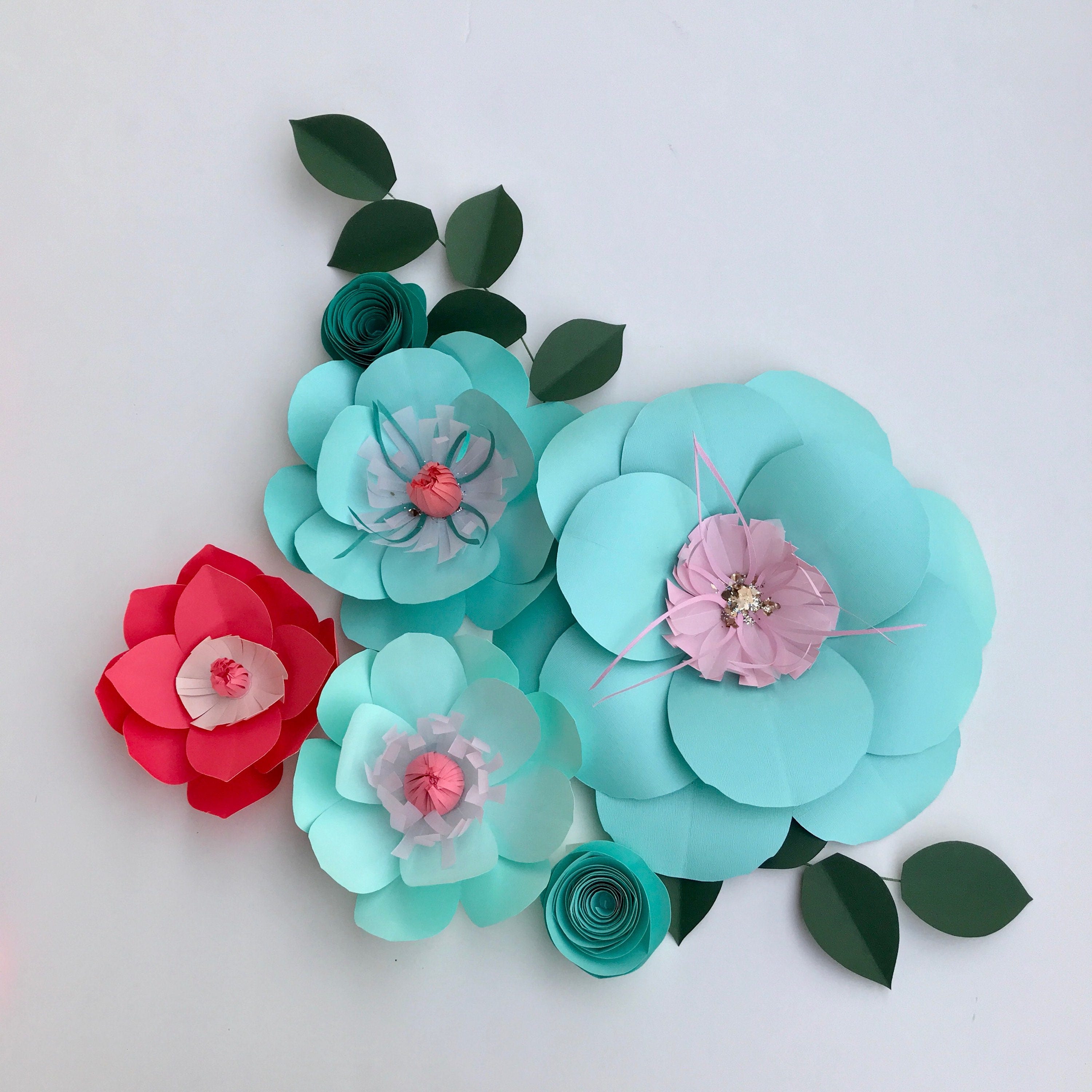 Paper flowers turquoise wall decor baby girl nursery mint green