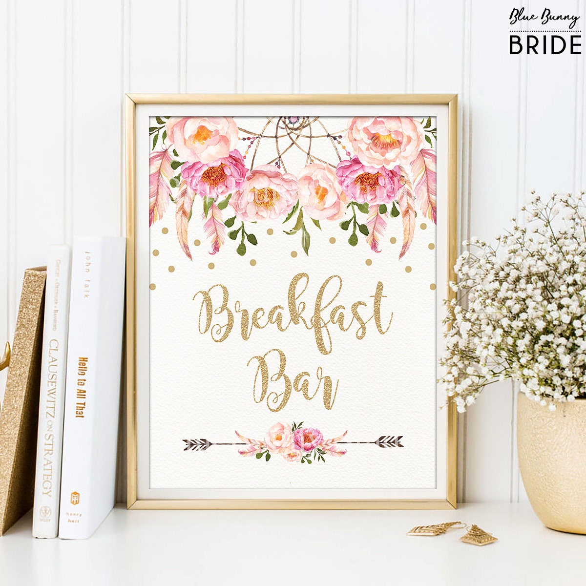 BREAKFAST BAR Sign. Pink and Gold Boho Bohemian Bridal Shower