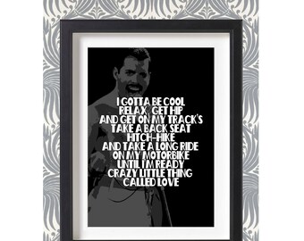 QUEEN crazy little thing called love lyric sheet poster, typography, pop,rock,jazz,soul,hip hip,rap,punk.surf,goth,freddie mercury