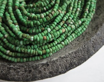 MINI matte green seed beads, opaque fresh green glass bead, earthy rustic organic tube barrel spacer Indonesia - 1 to 2mm /44 inches 5A-1