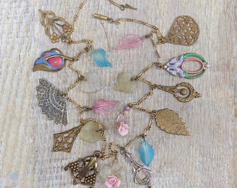 Pididdly Links Charm Necklace Glass Leaves Brass Charms