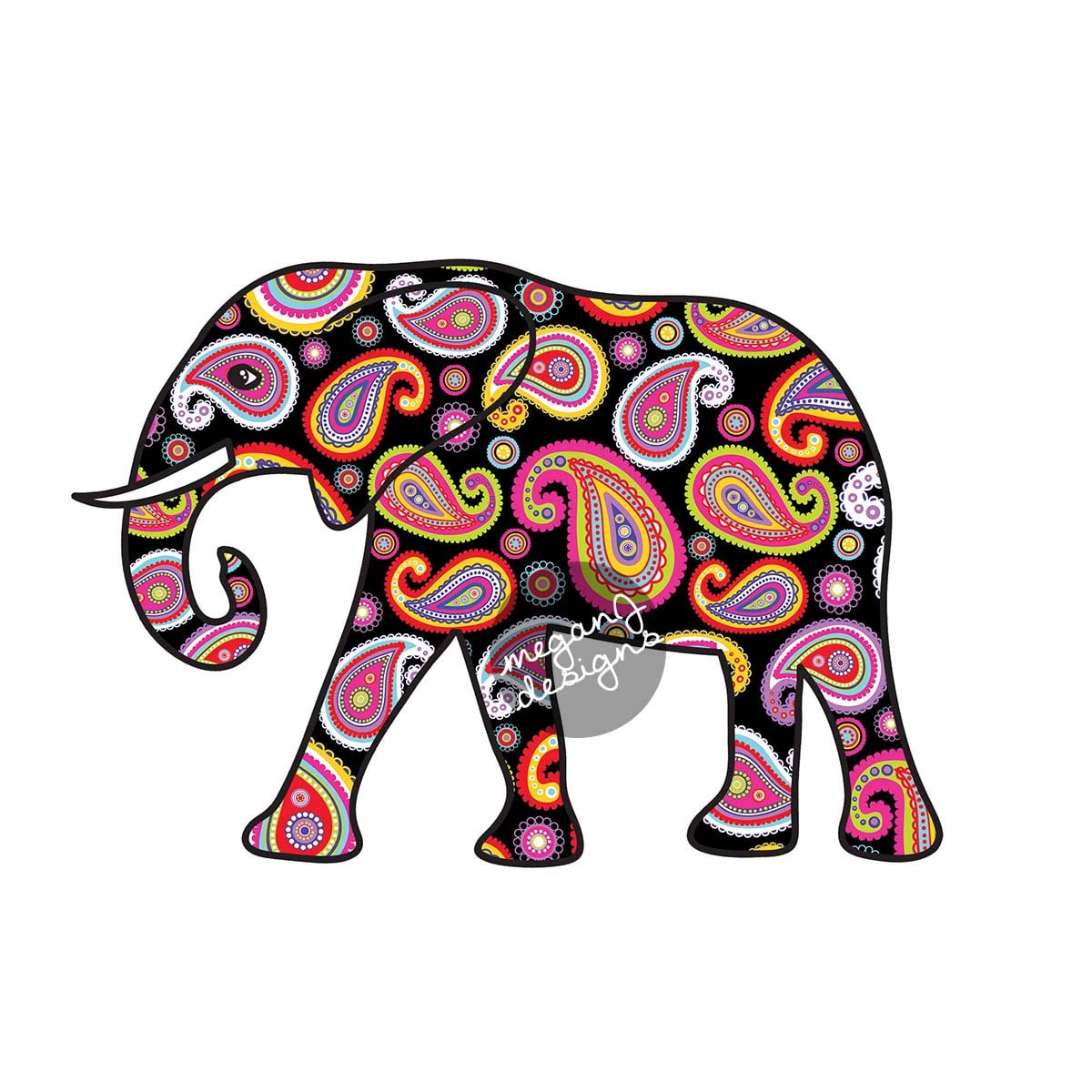 Elephant Car Decal Black Paisley Colorful Bumper Sticker