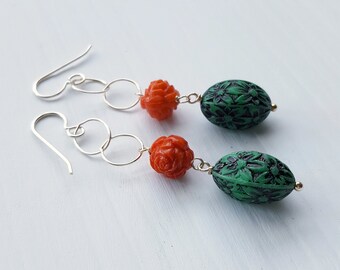 outlander earrings - vintage lucite and sterling - romantic, rose, red rose, scotland, green, pine - sterling silver chain