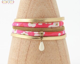 Hot pink leather and liberty cotton cord Cuff Bracelet