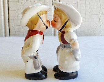 Mid-Century Napco Kissing Cowboy and Cowgirl Salt & Pepper - Hard to Find Vintage Western Set - 1950s, Dated 1956 - Wedding Cake Topper