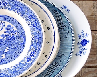 Mismatched Blue and White Dinner Plates for Weddings Set of 4 English Blue Transferware English China, Rustic Replacement China