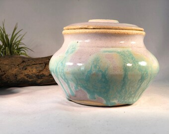 White Jar with green/blue glaze drips