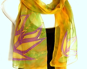 Hand Painted Silk Scarf, Floral, Yellow Green Purple, Handpainted Silk Scarf, Silk Chiffon Scarf, Gift For Her