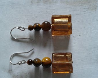 Tiger Œil, 925 sterling silver and Lampwork earrings