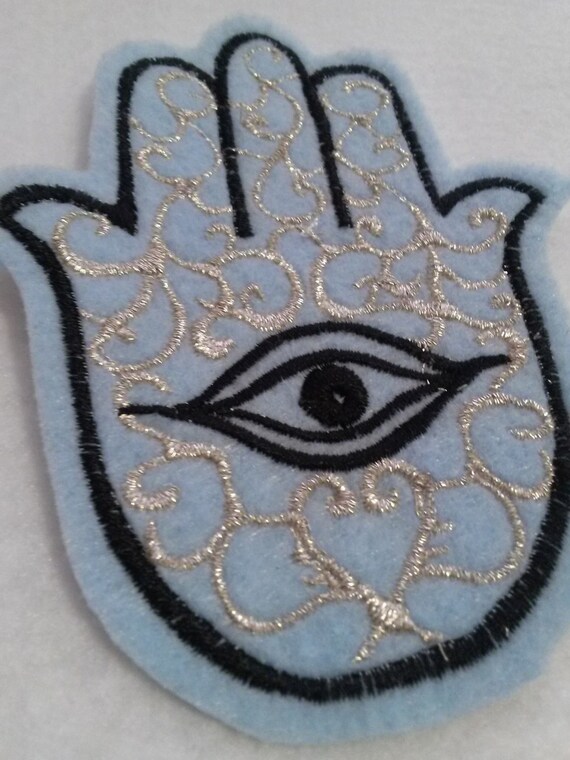 Hamsa, Chamsa, khamsa embroidered iron on patch silver and black