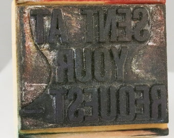Vintage Stamp Tool "Sent At Your Request" - Large Stamp for PMC Clay, Polymer Clay, Textiles, Scrapbooking Stamp - Vintage Rubber Stamp Used