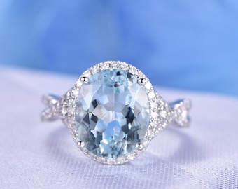 Big Aquamarine Engagement Ring Solid 14k White Gold Diamond Half Eternity Ring Diamond Band Halo Promise Ring 10X12mm Oval Cut VS Aquamarine
