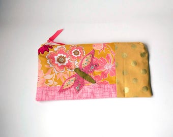 Zipper Pouch, 5x9.75" in Pink, Gold, Rose, Peach and Cream floral print fabric with Handmade Felt Dragon Fly Embellishment, Pencil Case