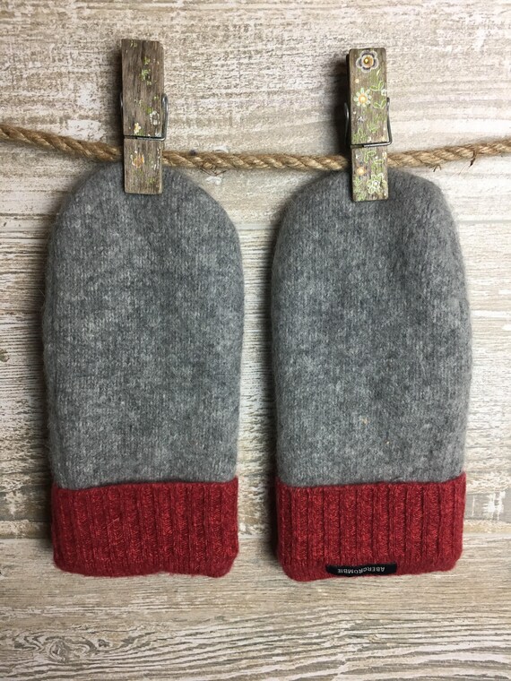 Fleece lined wool mittens made from recycled sweaters.