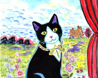ORIGINAL PAINTING, Black Kitty with Hollyhocks outside Her Sunny Window and Lalique Necklace ready For Cake, by DM Laughlin