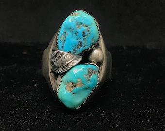 HEAVY Vintage Old Pawn Zuni Sterling Silver Turquoise Coral Ring MARKED Size 12 1/4