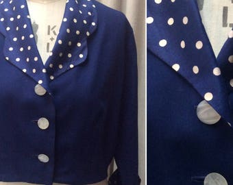 Chic Vintage 1950s Navy Jacket with Silk Polka Dot trim UK Size 16 Original Vintage Fifties 50's