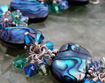 Abalone Bracelet, Shell, Sterling Silver, Swarovski Crystals, Teal Blue Green, Paua Beach Wedding, Exotic Handmade Jewelry